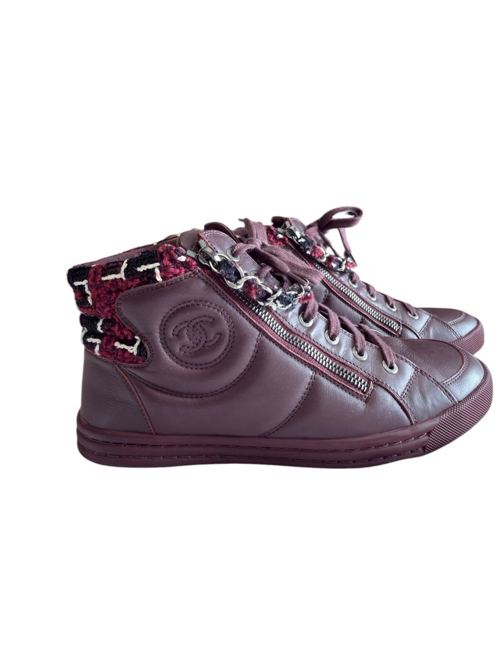 CHANEL 15K Burgundy Lambskin Tweed Chain High Top Sneakers Size 39